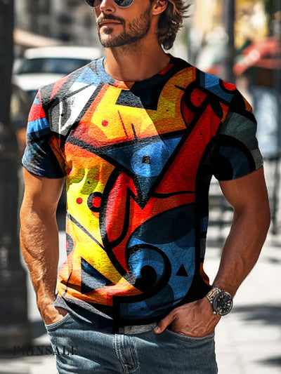 Men’s Retro Colorful Geometric Print Casual Short Sleeve T-Shirt Colorful / S