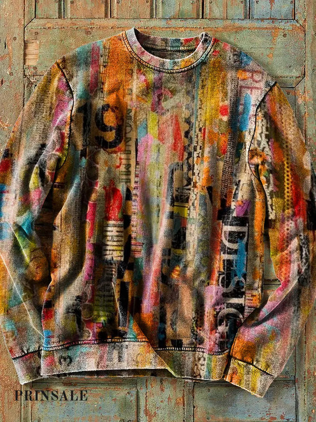 Men’s Retro Colorful Graffiti Letter Abstract Art Print Cotton Crew Neck Sweatshirt / S