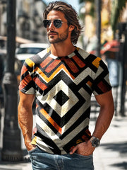 Men’s Retro Colorful Line Print Casual Short Sleeve T-Shirt