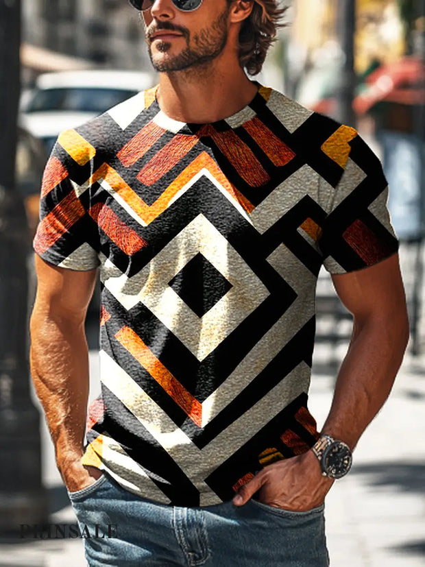 Men’s Retro Colorful Line Print Casual Short Sleeve T-Shirt Colorful / S
