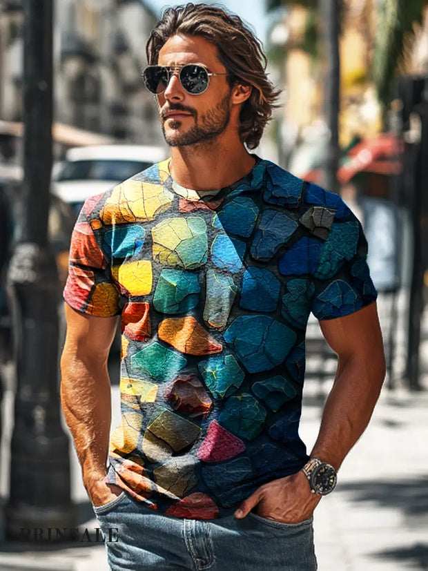 Men’s Retro Colorful Stone Abstract Print Casual Short Sleeve T-Shirt