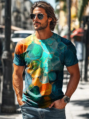 Men’s Retro Colorful Water Wave Abstract Print Casual Short Sleeve T-Shirt
