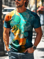 Men’s Retro Colorful Water Wave Abstract Print Casual Short Sleeve T-Shirt Colorful / S