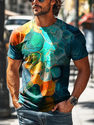 Men’s Retro Colorful Water Wave Abstract Print Casual Short Sleeve T-Shirt Colorful / S