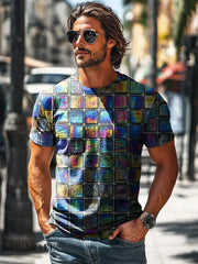 Men’s Retro Dazzle Plaid Printed Casual Short Sleeve T-Shirt