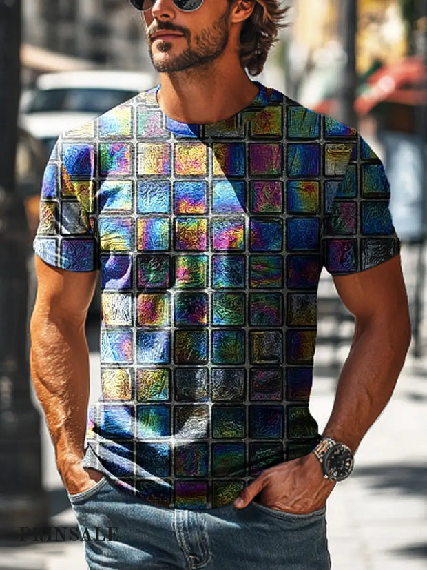 Men’s Retro Dazzle Plaid Printed Casual Short Sleeve T-Shirt Colorful / S