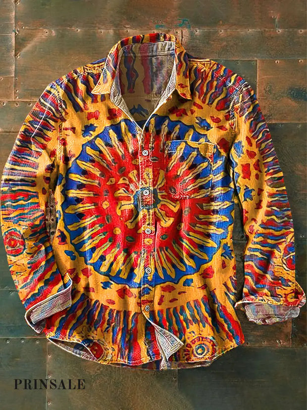 Men’s Retro Ethnic Colorful Abstract Art Print Lapel Long Sleeve Pocket Shirt / S