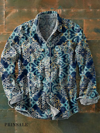 Men’s Retro Ethnic Colorful Geometric Art Print Lapel Long Sleeve Pocket Shirt / S