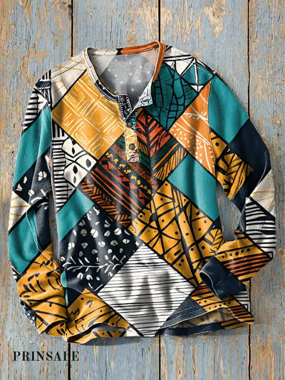 Men’s Retro Ethnic Colorful Geometric Art Print Long Sleeve Henley Shirt / S