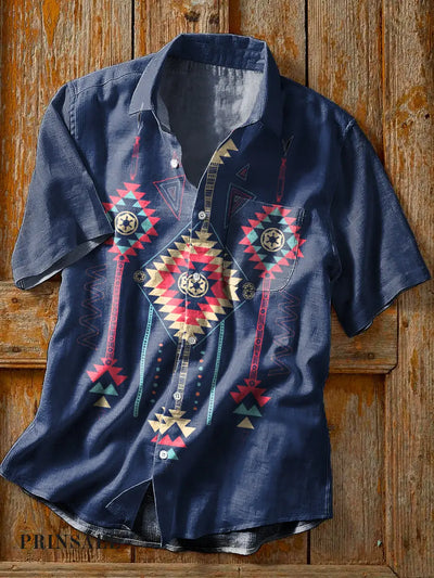 Men’s Retro Ethnic Pattern Art Print Lapel Short Sleeve Pocket Shirt Colorful / S