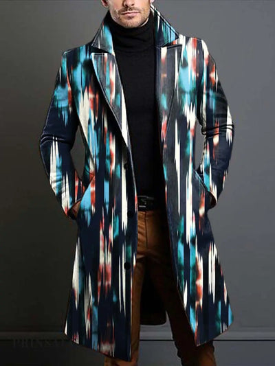 Men’s Retro Fashion Abstract Art Print Lapel Wool Coat Flower Color / S