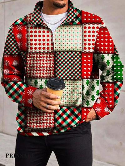 Men’s Retro Fashion Christmas Elements Geometric Patchwork Print Waffle Check Zipper Front Collar