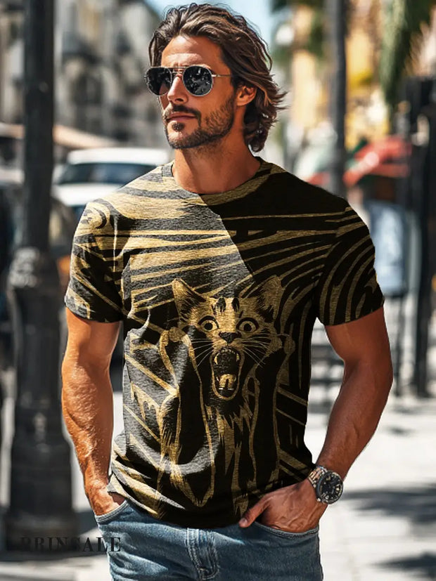 Men’s Retro Fun Screaming Cat Print Casual Short Sleeve T-Shirt