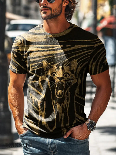 Men’s Retro Fun Screaming Cat Print Casual Short Sleeve T-Shirt Colorful / S