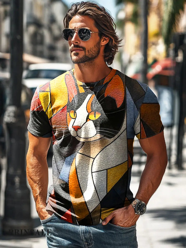 Men’s Retro Geometric Cat Art Print Casual Short Sleeve T-Shirt