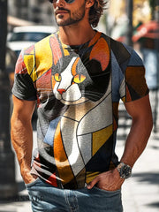 Men’s Retro Geometric Cat Art Print Casual Short Sleeve T-Shirt Colorful / S