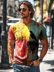 Men’s Retro Geometric Crow Art Print Casual Short Sleeve T-Shirt