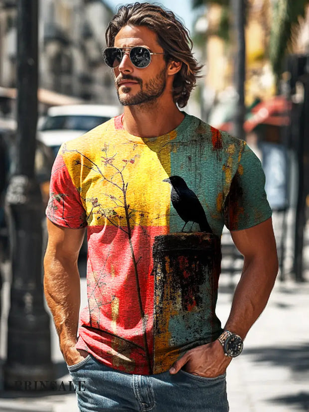 Men’s Retro Geometric Crow Art Print Casual Short Sleeve T-Shirt