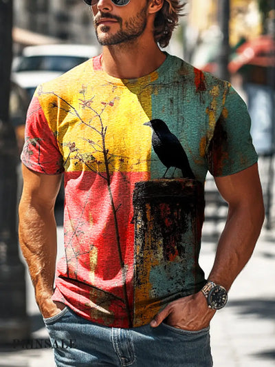 Men’s Retro Geometric Crow Art Print Casual Short Sleeve T-Shirt Colorful / S