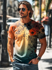 Men’s Retro Gradient Floral Art Print Casual Short Sleeve T-Shirt