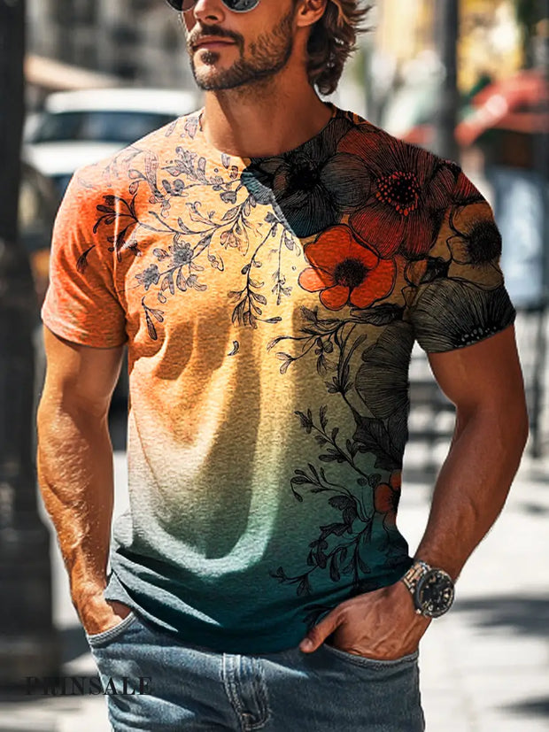 Men’s Retro Gradient Floral Art Print Casual Short Sleeve T-Shirt Colorful / S