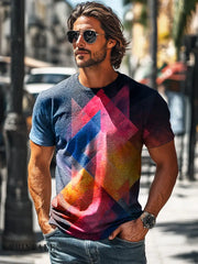 Men’s Retro Gradient Geometric Print Casual Short Sleeve T-Shirt