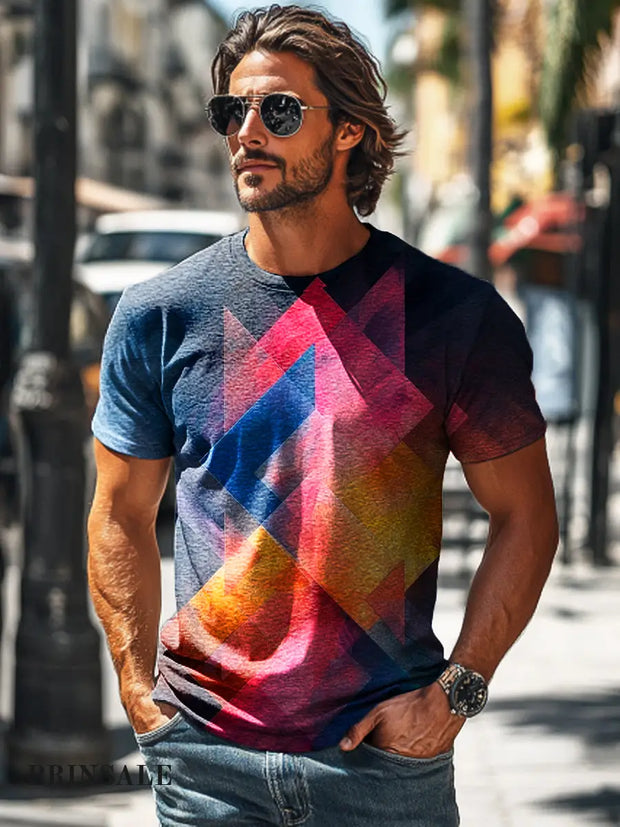 Men’s Retro Gradient Geometric Print Casual Short Sleeve T-Shirt