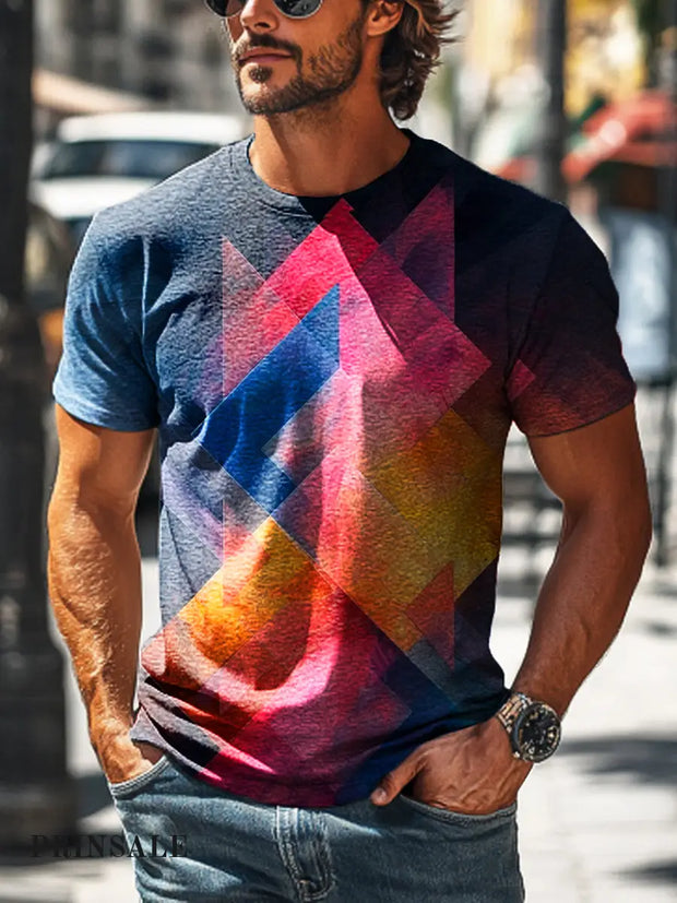 Men’s Retro Gradient Geometric Print Casual Short Sleeve T-Shirt Colorful / S