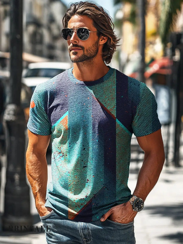 Men’s Retro Gradient Stripe Printed Casual Short Sleeve T-Shirt