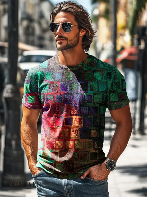 Men’s Retro Irregular Gradient Geometric Print Casual Short Sleeve T-Shirt