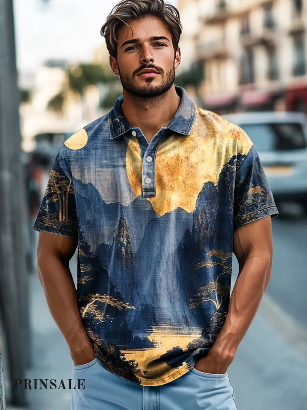 Men’s Retro Landscape Moonlight Print Casual Short Sleeve Polo Shirt