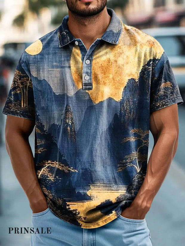 Men’s Retro Landscape Moonlight Print Casual Short Sleeve Polo Shirt Colorful / S