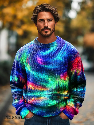 Men’s Retro Multicolor Aurora Art Print Knit Crew Neck Pullover Colorful / S