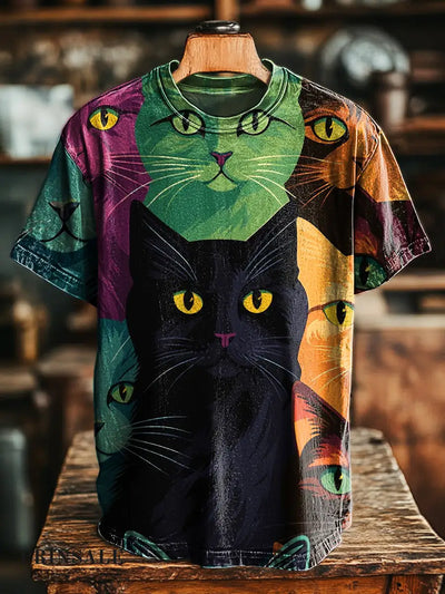 Men’s Retro Multicolor Cat Print Casual Short Sleeve T-Shirt Colorful / S