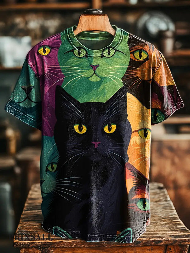 Men’s Retro Multicolor Cat Print Casual Short Sleeve T-Shirt Colorful / S