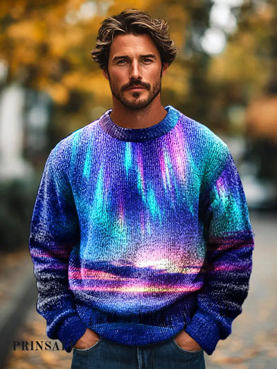 Men’s Retro Neon Aurora Art Print Knit Crew Neck Pullover Shirt Colorful / S