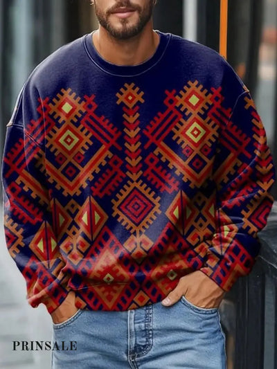 Men’s Retro Pixel Check Tribal Pattern Printed Casual Sweatshirt