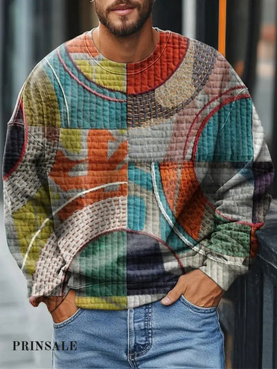 Men’s Retro Seamed Circular Color Block Stitching Textured Printed Casual Sweatshirt