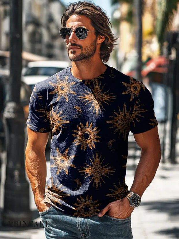 Men’s Retro Sun Print Casual Short Sleeve T-Shirt