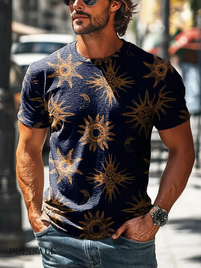 Men’s Retro Sun Print Casual Short Sleeve T-Shirt Colorful / S