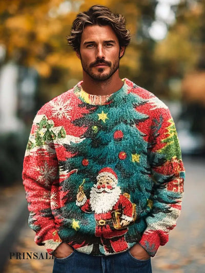 Men’s Retro Trend Santa Claus Print Knitted Long Sleeve Crew Neck Sweater Flower Color / S