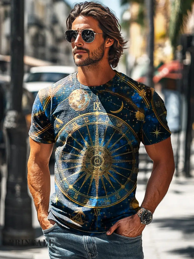 Men’s Retro Zodiac Divination Printed Casual Short Sleeve T-Shirt