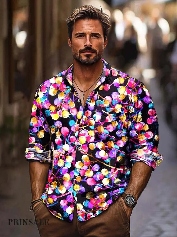 Men’s Senior Abstract Art Fashion Digital Print Casual Long Sleeve Shirt Flower Color / S