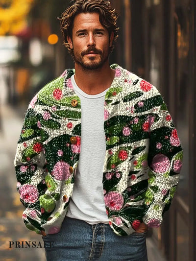 Men’s Senior Abstract Fashion Print Loose Long Sleeve Sweater Jacket Green / S