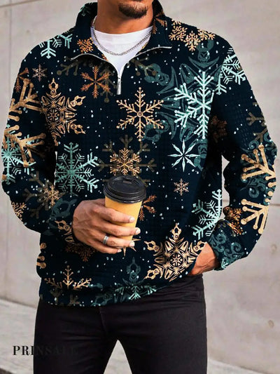 Men’s Simple And Fashionable Snowflake Print Waffle Zipper Collar Long Sleeved Sweatshirt Flower