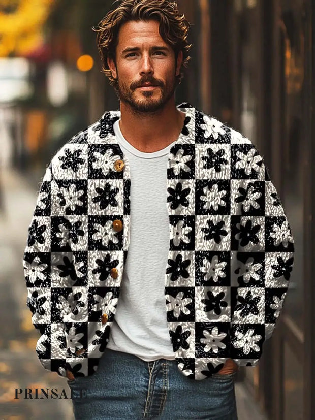 Men’s Simple And Versatile Geometric Floral Print Long-Sleeved Sweater Cardigan Flower Color / S