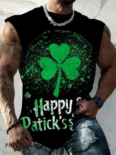 Men’s St. Patrick’s Day Green Shamrock Art Print Crew Neck Tank Top Colorful / S