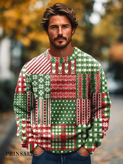 Men’s Stylish Retro Christmas Elements Geometric Patchwork Printed Crewneck Sweater Flower Color / S