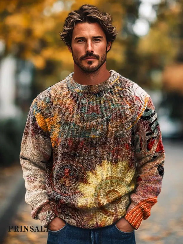 Men’s Trend Abstract Fashion Graffiti Art Print Crew Neck Sweater Flower Color / S