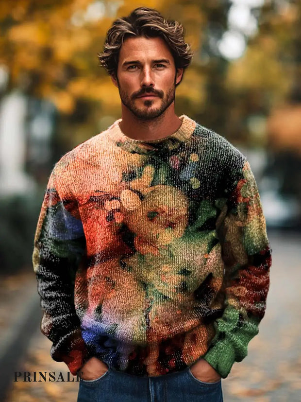 Men’s Trend Abstract Flare Texture Art Print Crewneck Sweater Flower Color / S